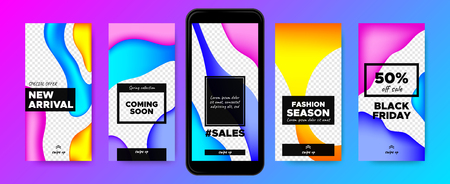 Flyers for Stories Design. Templates for Social Media Marketing. Colorful Gradient Fluid Shapes with Swipe Buttons. Concept of Sales Flyer. Product Promotion on Phone. Web Story Pack, Network Flyers.のイラスト素材