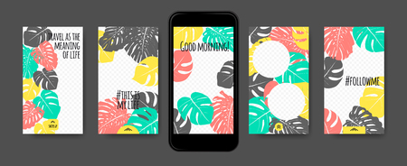Story Templates Set. Philodendron Leaves Photo Frames. Bright Tropic Pattern for Social Media Stories Design. Exotic Background for Smart Phone Display. Summer Travel Photo Decoration for Stories.のイラスト素材