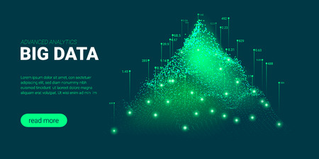 Data Analysis Futuristic Concept. Information Stream Visualization with Light Effect. Representation of Big Data Analysis for Social Network. Landing Page Template with Artificial Intelligence Design.のイラスト素材