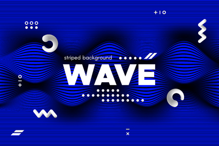 Blue Abstract Poster with Distorted Lines. Striped Background with Movement. 3d Linear Banner with Ripple Effect. Vector Wave Template for Brochure, Business, Flyer. Flowing Metallic Lines Concept.のイラスト素材