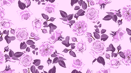 Rustic Rose, Seamless Floral Pattern in Watercolor Style. Hand Drawn Purple Roses with Petals for Wedding Decoration. Vintage Flowers Pattern, Elegant Wallpaper. Retro Rustic Roses or Peony Bouquet.のイラスト素材