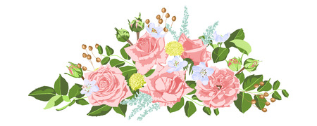 Vector Rose Bouquet, Vintage Floral Decoration. Invite Card Design in Rustic Style. Hand Drawn Watercolor Roses, Bouquet of Flowers and Green Leaf. Romantic Summer Garden Wreath of Pink Isolated Rose.のイラスト素材