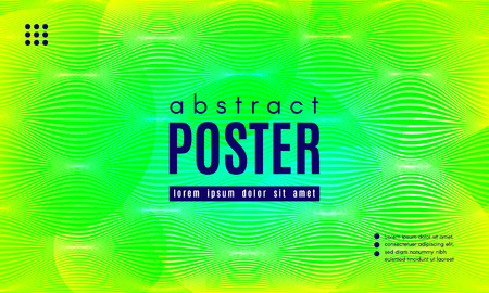 Wave Poster with Fluid Shapes. Gradient Abstract Background with Movement of Wave Liquid Forms. Linear Geometric Brochure in Yellow, Turquoise and Green Colors. Fresh Neon Concept with Abstract Waves.のイラスト素材