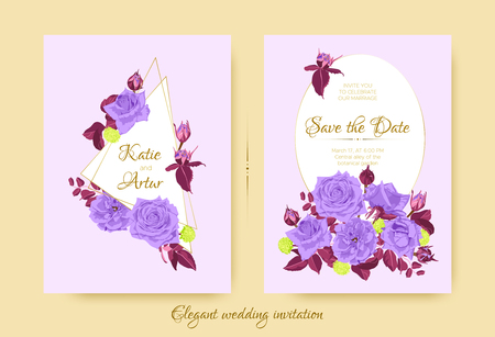 Wedding Blue Roses, Vintage Invitation Design. Flowers Wreath with Pink Leaves and Elegant Decorative Elements. Wedding Invite Drawing in Watercolor Style. Romantic Botanical Border, Wedding Frame.のイラスト素材