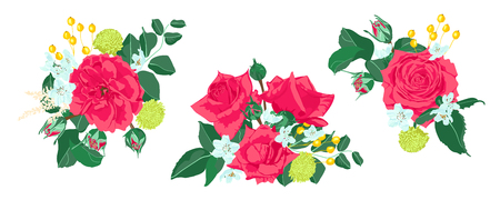 Vintage Roses for Wedding Card, Invite Design. Red Flowers Bouquet Set, Vector Floral Illustration. Romantic Wedding Decoration for Cards or Invitation. Hand Drawn Watercolor Wedding Rustic Elements.のイラスト素材