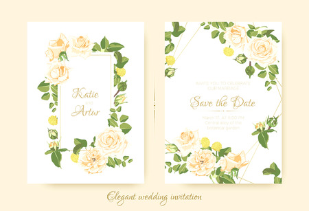 Wedding Cards, Vintage Roses, Floral Bouquet. Elegant Vector Flower in Pastel Colors for Greeting Card Design. Drawing Watercolor Botanical Decoration. Romantic Flyer for Wedding Celebration Invite.のイラスト素材