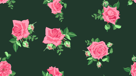 Rose Pattern, Seamless Floral Background. Vector Pink Flowers with Green Leaf. Romantic Print with Vintage Roses for Fabric, Textile. Peony Bouquet, Spring Rustic Design. Hand Drawn Watercolor Roses.のイラスト素材