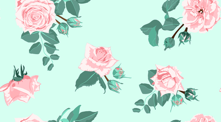Vintage Floral Background, Roses Bouquet in Watercolor Style. Rustic Design, Wedding Decoration, Invitation. Seamless Vintage Floral Pattern with Drawing Green Leaf. Spring Floral Pastel illustration.のイラスト素材