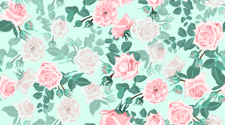 Vintage Floral Background, Roses Bouquet in Watercolor Style. Rustic Design, Wedding Decoration, Invitation. Seamless Vintage Floral Pattern with Drawing Green Leaf. Spring Floral Pastel illustration.のイラスト素材