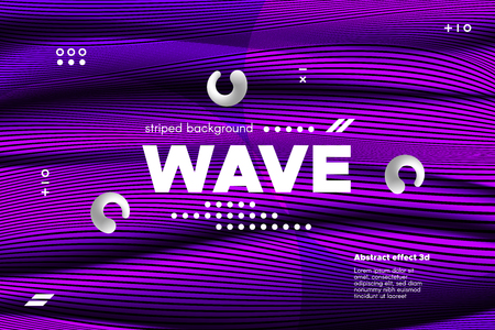 Abstract Violet Waves Concept. 3d Poster with Distorted Stripes. Linear Banner with Movement of Surface. Flow Background with Ripple. Modern Wave Cover for Business, Web Design, Flyer, Brochure.のイラスト素材
