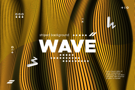 Gold Abstract Banner with Ripple Effect. Linear Background with Movement. 3d Striped Poster with Distortion of Surface. Vector Wave Template for Brochure, Business, Banner. Flow Metallic Lines Conceptのイラスト素材