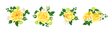 Floral Set, Wedding Rose Bouquet. Vector Yellow Flowers with Green Leaves. Vintage Floral Collection for Card or Invite Design. Hand Drawn Watercolor Decorative Elements. Romantic Spring Floral Set.のイラスト素材