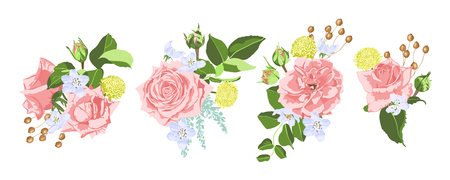 Vector Rose Bouquet, Vintage Floral Decoration. Invite Card Design in Rustic Style. Hand Drawn Watercolor Roses, Bouquet of Flowers and Green Leaf. Romantic Summer Garden Wreath of Pink Isolated Rose.のイラスト素材