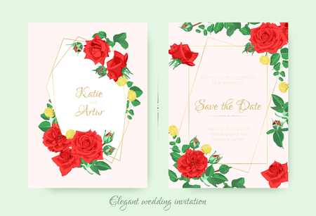 Wedding Cards with Red Roses and Green Leaves. Elegant Invitation, Flowers Wreath with Botanical Elements, Wedding Bouquet. Floral Frame or Border for Marriage Celebration. Engagement, Wedding Invite.のイラスト素材