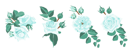 Blue Roses Bouquet Collection, Rustic Wedding Design. Vintage Floral Illustration for Elegant Decoration. Vector Spring Flowers Bouquet, Watercolor Roses. Retro Wreath of Roses and Wedding Elements.のイラスト素材