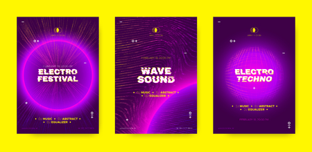 Wave Music Posters, Abstract Sound Flyers Set. Electronic Dj Event Invitation with Wave Dotted Lines and 3d Effect. Techno Music Festival, Night Club Party Poster. Vector Distorted Wave Music Covers.のイラスト素材