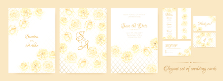 Wedding Cards Watercolor Set. Rose Flowers in Pastel Colors Design. Vector Floral Decorative Border, Wedding Frame of Rose Bouquet. Elegant Banner for Marriage, Romantic Rustic Wedding Invitation.のイラスト素材