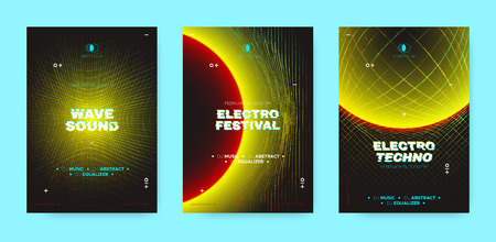 Neon Music Posters, Electronic Sound Concept. Wave Distorted Dotted Lines, Light Round. Techno Music Festival Posters, Night Club Promotion. Futuristic Technology Banners, Vector Dj Party Posters Set.のイラスト素材