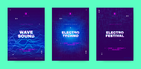 Electronic Sound Party Poster, Abstract Wave Distorted Lines. Music Flyer for Dj Event Promotion. Techno Festival, Night Party Concept with 3d, Neon Effect. Abstract Technology Cover or Party Banners.のイラスト素材
