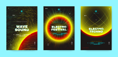 Neon Music Posters, Electronic Sound Concept. Wave Distorted Dotted Lines, Light Round. Techno Music Festival Posters, Night Club Promotion. Futuristic Technology Banners, Vector Dj Party Posters Set.のイラスト素材