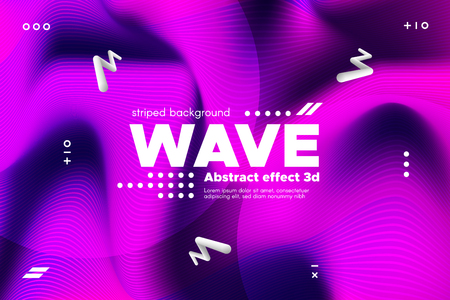 3d Distorted Wave Lines. Striped Poster in Pink and Purple Colors with Ripple of Flowing Surface. Modern Linear Template with Movement. Abstract Background with Distortion of Metallic Stripes.のイラスト素材