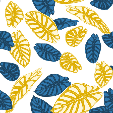 Seamless Jungle Pattern. Vector Tropic Leaves in Watercolor Style. Background with Stylized Plants Alocasia. Handwritten Exotic Foliage. Seamless Tropical Pattern for Textile, Cloth Design, Fabric.のイラスト素材