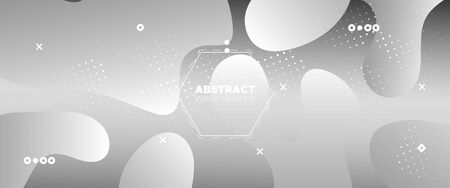 Flow Wave Poster. Monochrome Gradient Template. White Web Presentation. Creative Layout. 3d Fluid Background. Modern Gradient. Geometric Pattern. Metallic Movement Concept. Wave Fluid Shapes.のイラスト素材