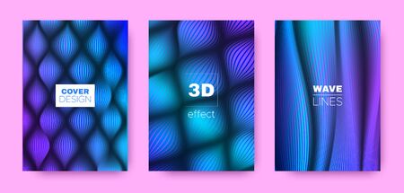 Wave Stripe Poster. Violet Vector Covers Set. Movement Background. 3d Geometric Halftone Texture. Blue Fluid Stripe Poster. Abstract Covers Set. Dynamic Background. Lines Poster.のイラスト素材