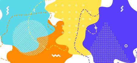 Blue Memphis Page. Modern Geometric Decoration. Futuristic Fluid Brochure. Multicolor Flow Texture. Memphis Banner. Vector Abstract Illustration. Colorful Fluid Template. Memphis Shapes.のイラスト素材