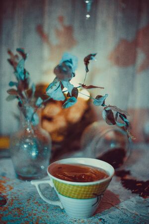 cup of black tea on a light backgroundの写真素材