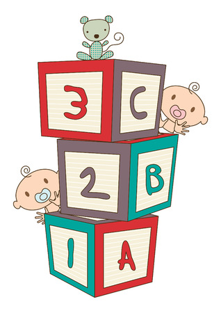 Colorful vector illustration showing a baby's building blocks, baby's peeping around the blocks, and a stuffed toy animal.のイラスト素材