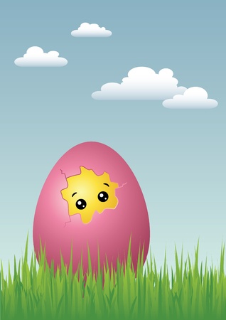 Cracked easter egg with a curious chick insideのイラスト素材