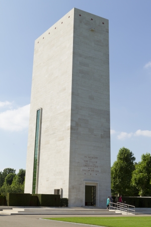 Margraten, The Netherlands - August 10, 2012. Memorial tower at the entrance of Margraten War Cemeteryのeditorial素材