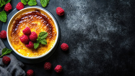 A beautiful serving of garnished with ripe raspberries and mint, displayed on a dark tabletop. The composition offers generous copy space,の素材