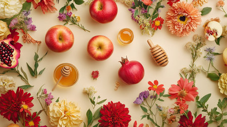 A beautiful top view of Rosh Hashanah symbols including apples, honey, and pomegranate, surrounded by vibrant summer flowers on a soft beige background. Perfect for a Shana Tova greeting card.の素材