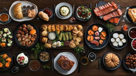 A beautifully arranged table scene featuring a variety of culinary delights, including gourmet appetizers, main courses, and desserts, presented from above on a dark wood background.の素材