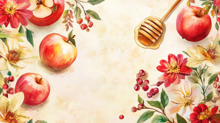 A beautiful top view of Rosh Hashanah symbols including apples, honey, and pomegranate, surrounded by vibrant summer flowers on a soft beige background. Perfect for a Shana Tova greeting card.の素材