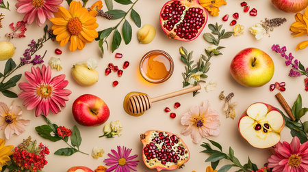 A beautiful top view of Rosh Hashanah symbols including apples, honey, and pomegranate, surrounded by vibrant summer flowers on a soft beige background. Perfect for a Shana Tova greeting card.の素材