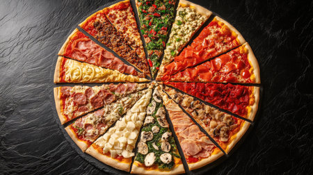A beautifully arranged top view of a pizza banner, featuring colorful slices of pizza with an assortment of toppings on a black stone background, perfect for catching the eye of food lovers.の素材