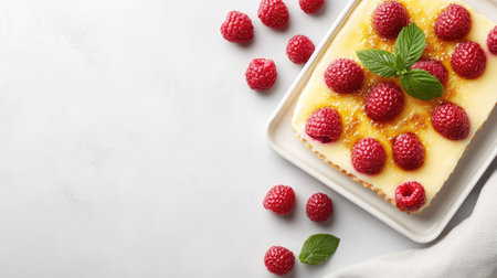 A charming presentation of creamy adorned with ripe raspberries, placed on a light-colored baking sheet. The layout features clear space for captions or promotional textの素材