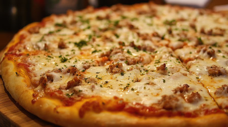 A delectable close-up of a classic Italian pizza, with golden crust, melted cheese, and fresh toppings, served on a wooden board, evoking the flavors of Italy for food lovers.の素材