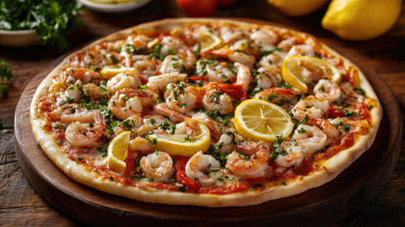 A delicious seafood pizza adorned with fresh herbs, lemon slices, and colorful toppings, captured on a wooden background that enhances its rustic charm, ideal for food marketing.の素材