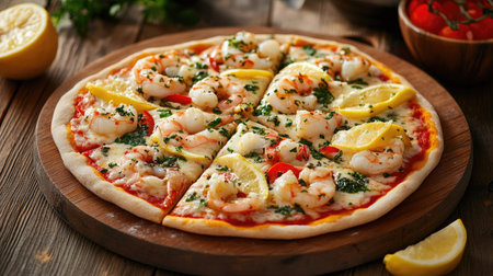 A delicious seafood pizza adorned with fresh herbs, lemon slices, and colorful toppings, captured on a wooden background that enhances its rustic charm, ideal for food marketing.の素材