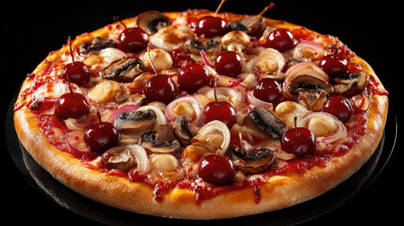 A delicious pizza featuring a combination of sweet cherries, savory onions, and mushrooms, beautifully arranged on a black surface, perfect for attracting culinary enthusiasts.の素材
