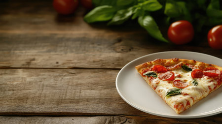 A delicious slice of pizza, oozing with cheese and topped with fresh veggies, on a rustic wooden table, leaving plenty of room for copy or promotional content alongsideの素材