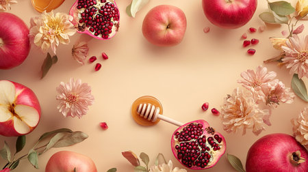 A conceptual top view illustration of Rosh Hashanah symbols: pomegranates, apples, honey, and flowers, arranged on a beige-orange background. Includes copy space for 'Happy Rosh Hashanah, Shana Tova.の素材