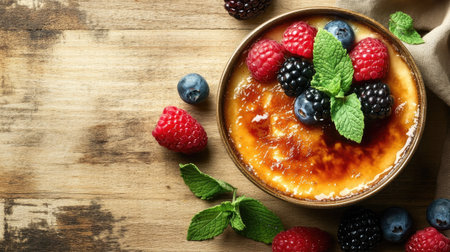 A bowl of luscious with a caramelized top, garnished with assorted berries and mint, captured in close-up on a rustic wooden table for an inviting dessert display.の素材