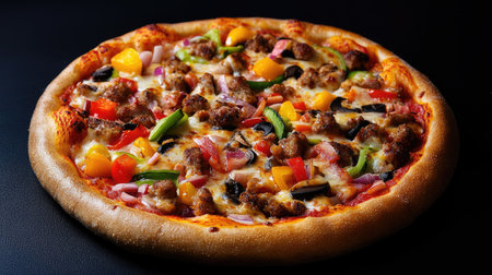 A colorful top view of a pizza loaded with vegetables and cheese, styled on a dark background, creating a striking contrast that highlights its deliciousness and textures.の素材