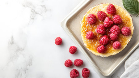 A charming presentation of creamy adorned with ripe raspberries, placed on a light-colored baking sheet. The layout features clear space for captions or promotional textの素材