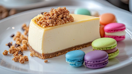 A close-up of a smooth cheesecake slice with a crumbly graham crust, surrounded by colorful macarons and pastries on a white plate. Elegant dessert display.の素材
